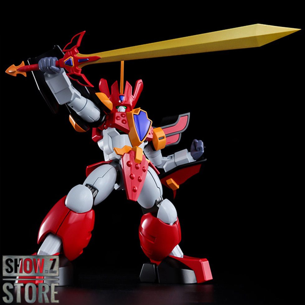 Red super robot with golden sword weapon in heroic standing pose Red super robot with golden sword weapon in heroic standing pose