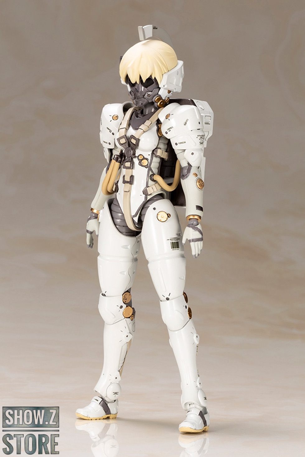 Ludens robot striking pose with gold armor details on gray background Ludens robot striking pose with gold armor details on gray background