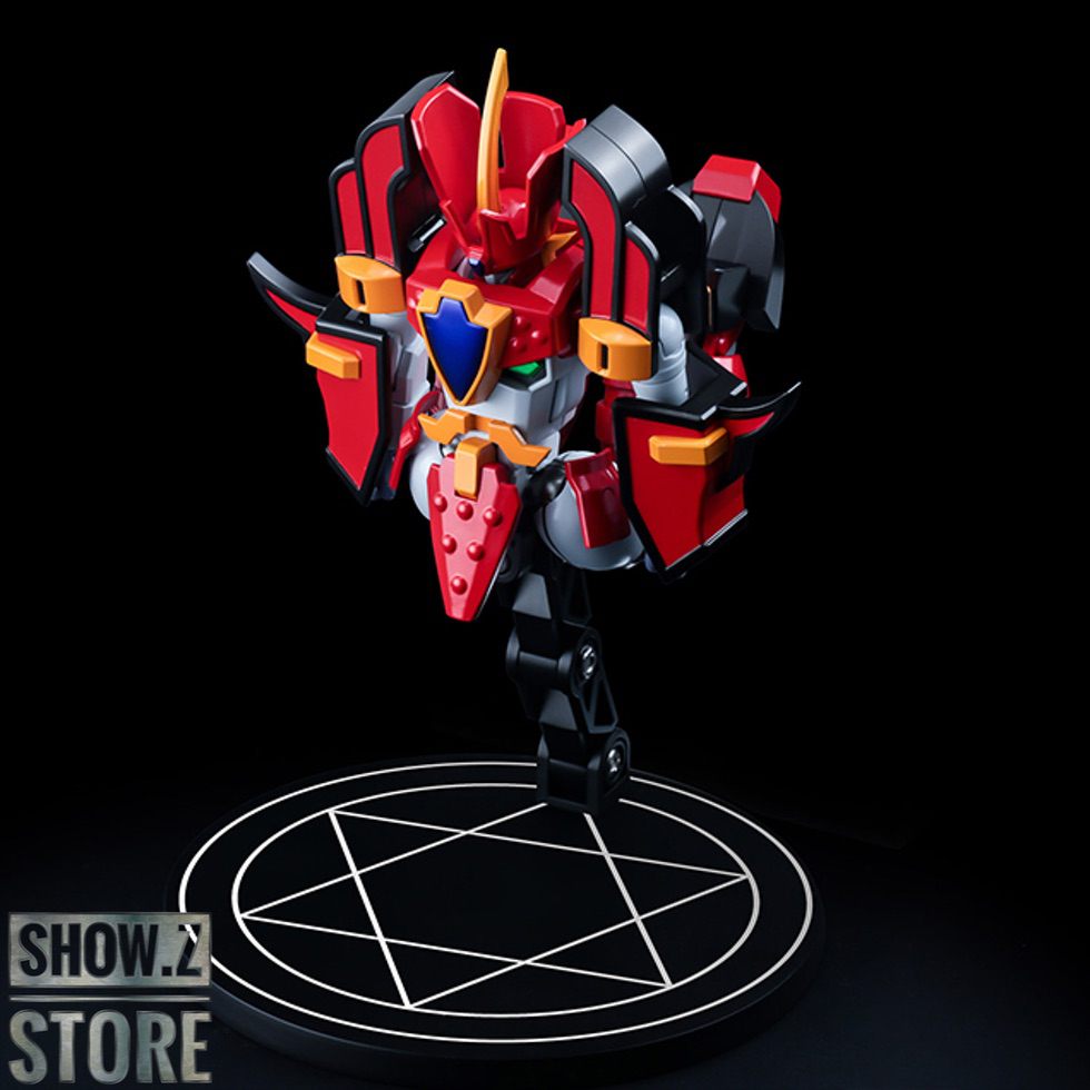 Red giant robot on magical circle base with sword weapon displayed Red giant robot on magical circle base with sword weapon displayed