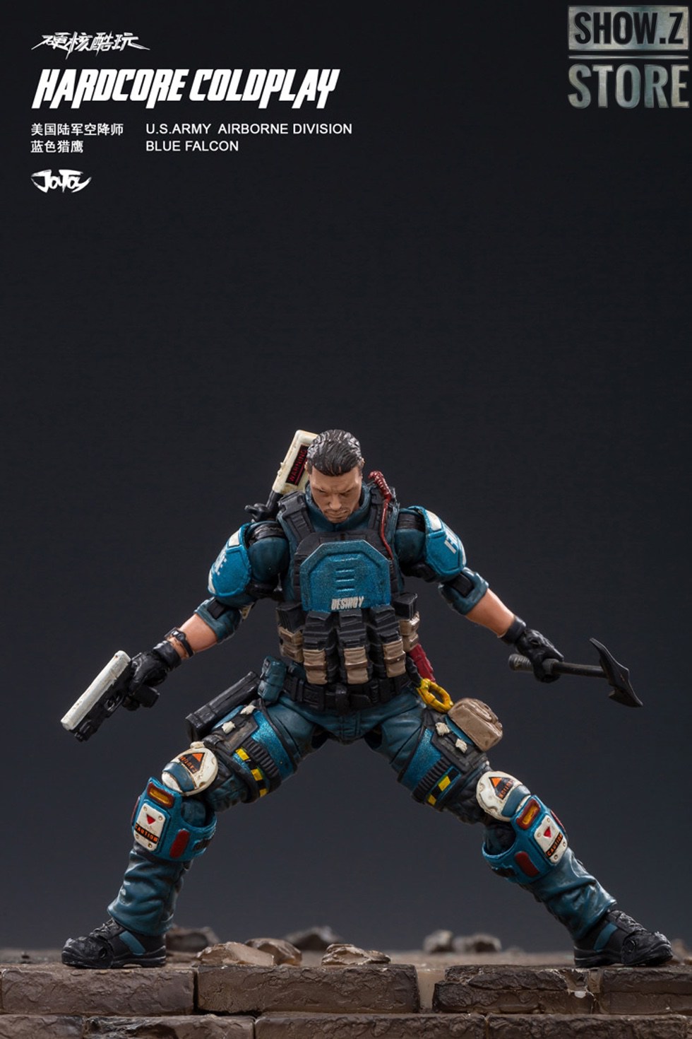 Blue Falcon soldier figure from side angle showing teal armor and accessories Blue Falcon soldier figure from side angle showing teal armor and accessories