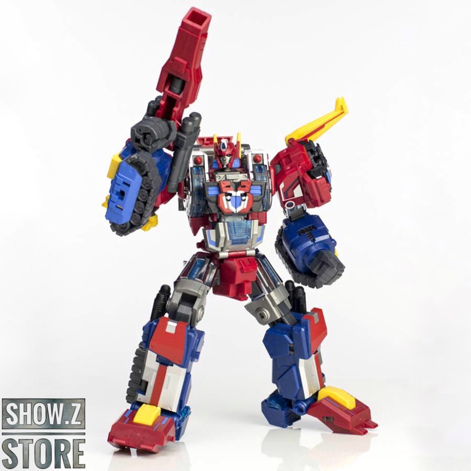 Red blue yellow robot transformer with articulated limbs in fighting stance Red blue yellow robot transformer with articulated limbs in fighting stance