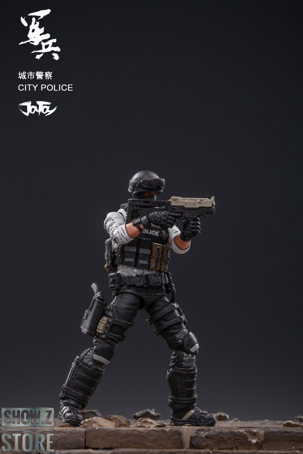 Police officer with rifle in dynamic action combat stance Police officer with rifle in dynamic action combat stance