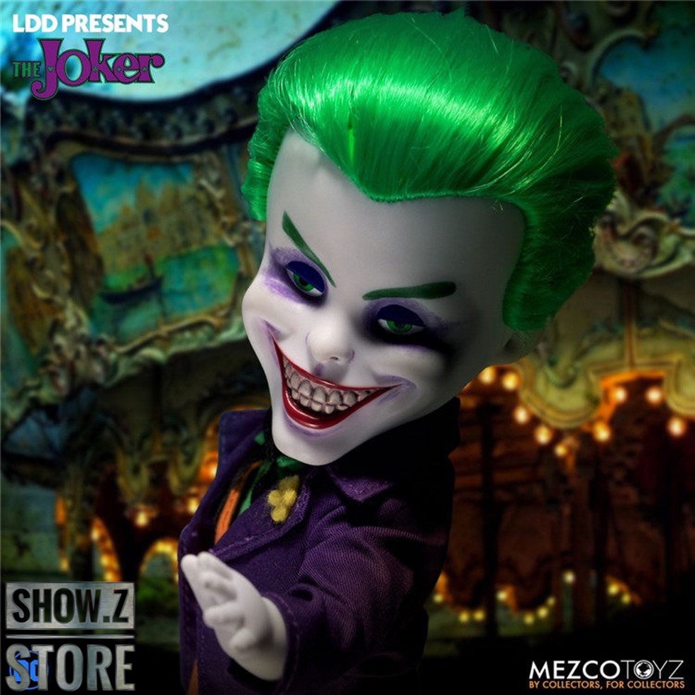 Detail of Joker Presents doll green hair and facial features Detail of Joker Presents doll green hair and facial features