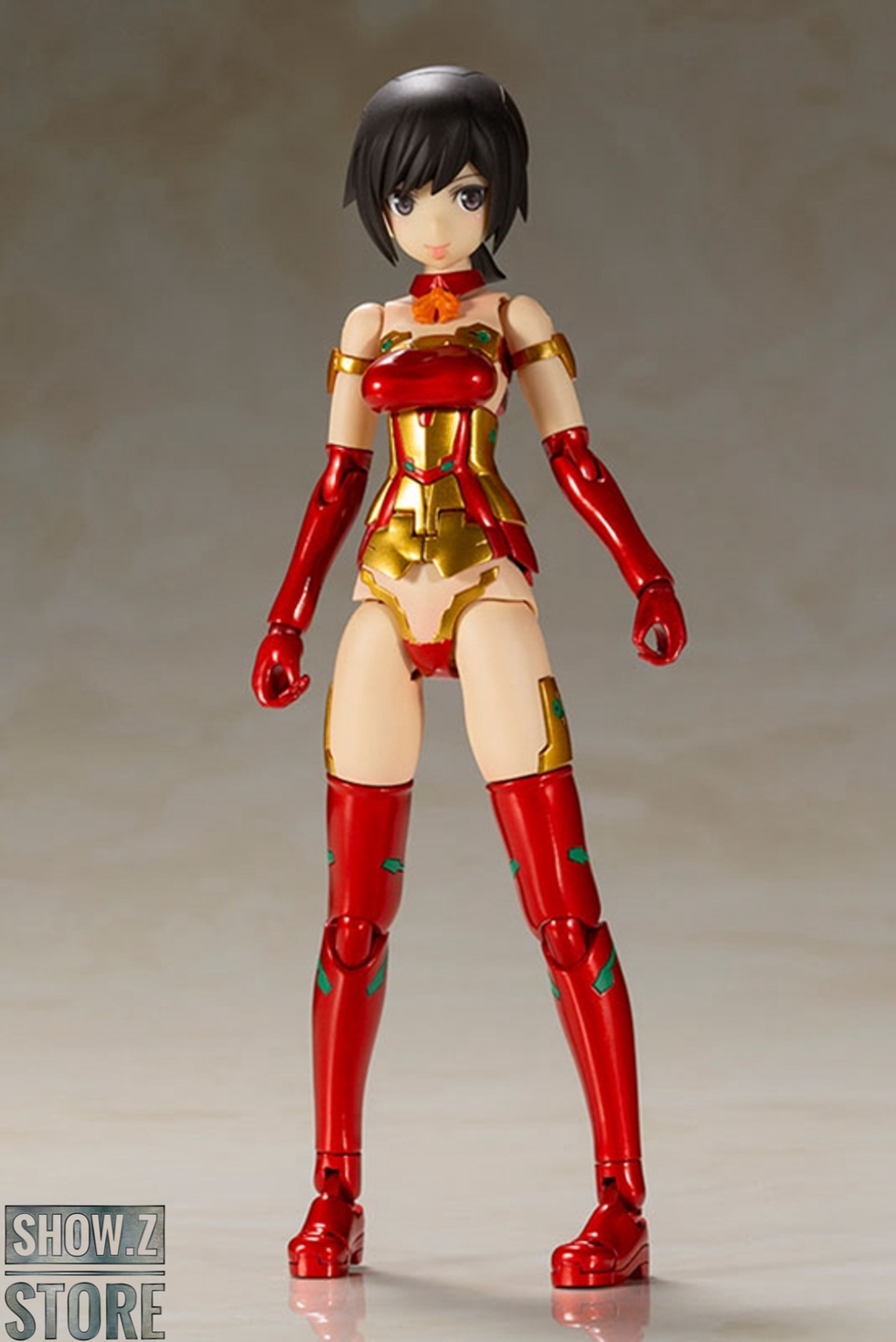 Detailed view of Laetitia model featuring red and gold armor suit Detailed view of Laetitia model featuring red and gold armor suit