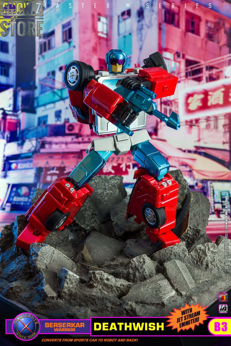 Deathwish robot character on rocky terrain in urban city setting Deathwish robot character on rocky terrain in urban city setting