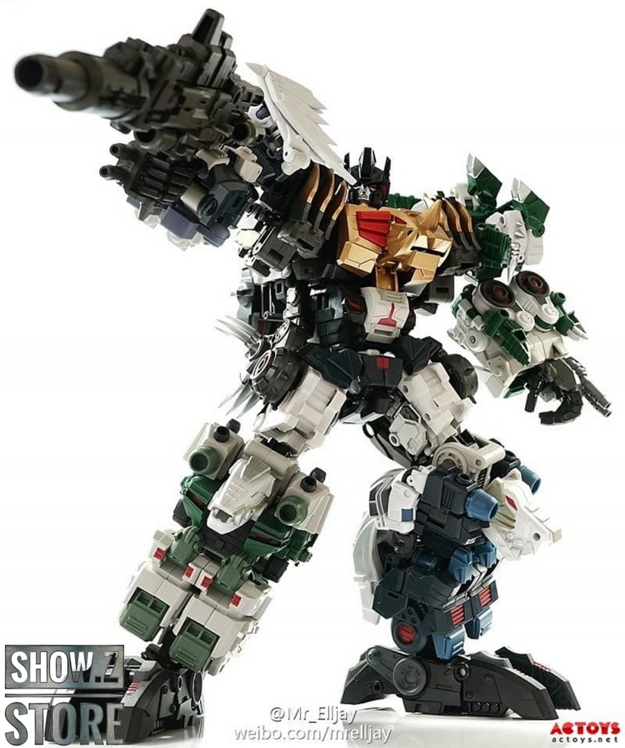 Dinokings combiner showing six separate dinosaur units and assembled robot Dinokings combiner showing six separate dinosaur units and assembled robot