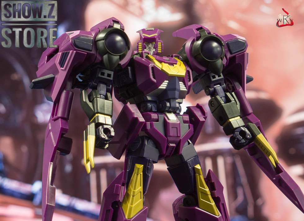 Robot figure with black sphere antenna and purple armor Robot figure with black sphere antenna and purple armor