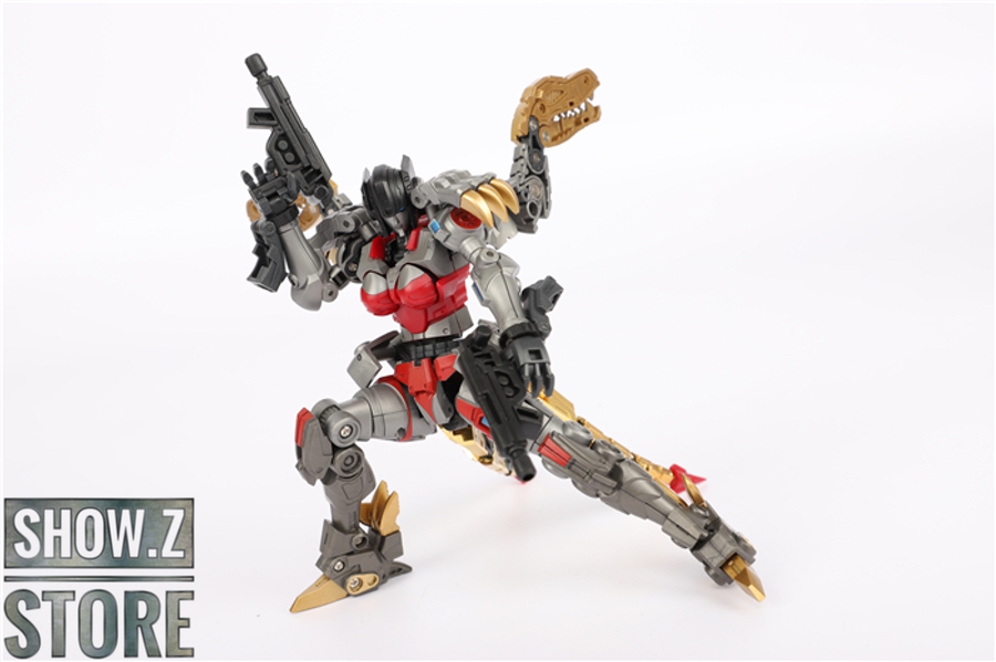Combined dinosaur mode showcasing full articulation and interchangeable weaponry Combined dinosaur mode showcasing full articulation and interchangeable weaponry