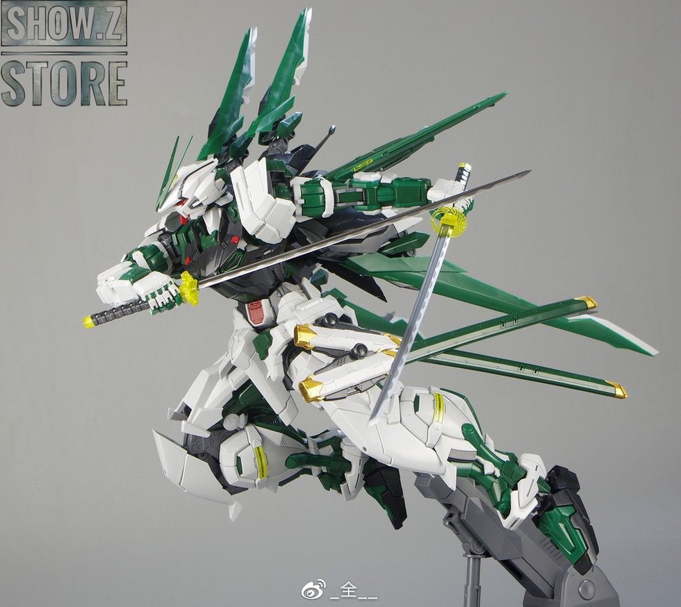 Nillson Work Gundam Astray Green Frame robot side view with green swords Nillson Work Gundam Astray Green Frame robot side view with green swords