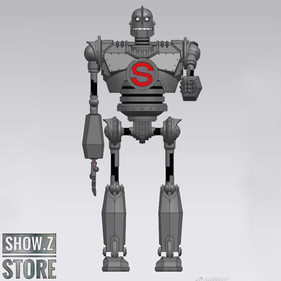 Gray Iron Giant mechanical robot with red chest emblem and tool accessories Gray Iron Giant mechanical robot with red chest emblem and tool accessories