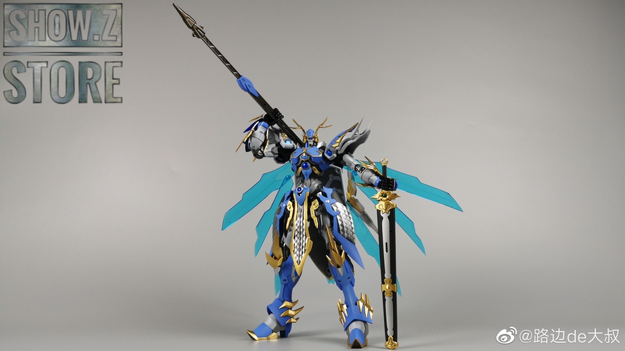 Wushuang warrior robot displaying detailed blue and gold armor with articulated joints Wushuang warrior robot displaying detailed blue and gold armor with articulated joints