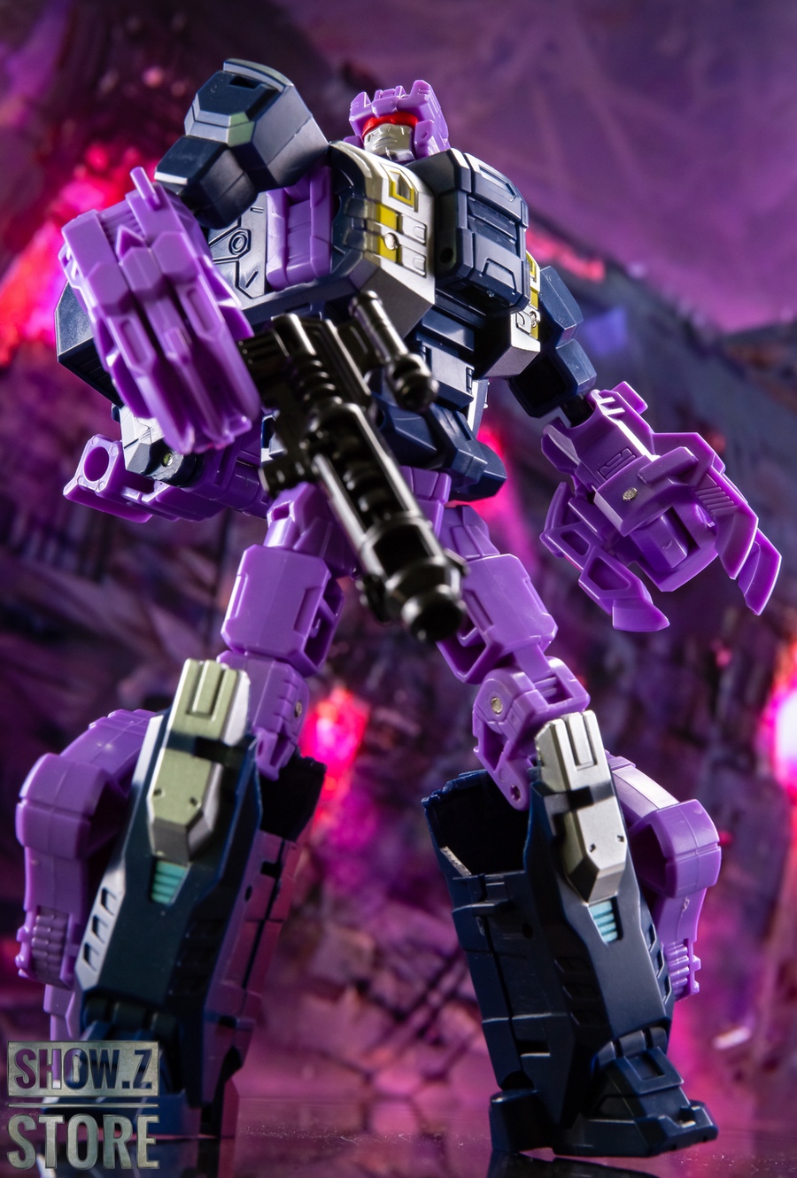 Compact purple mecha suit showing detailed transformation joint lines Compact purple mecha suit showing detailed transformation joint lines