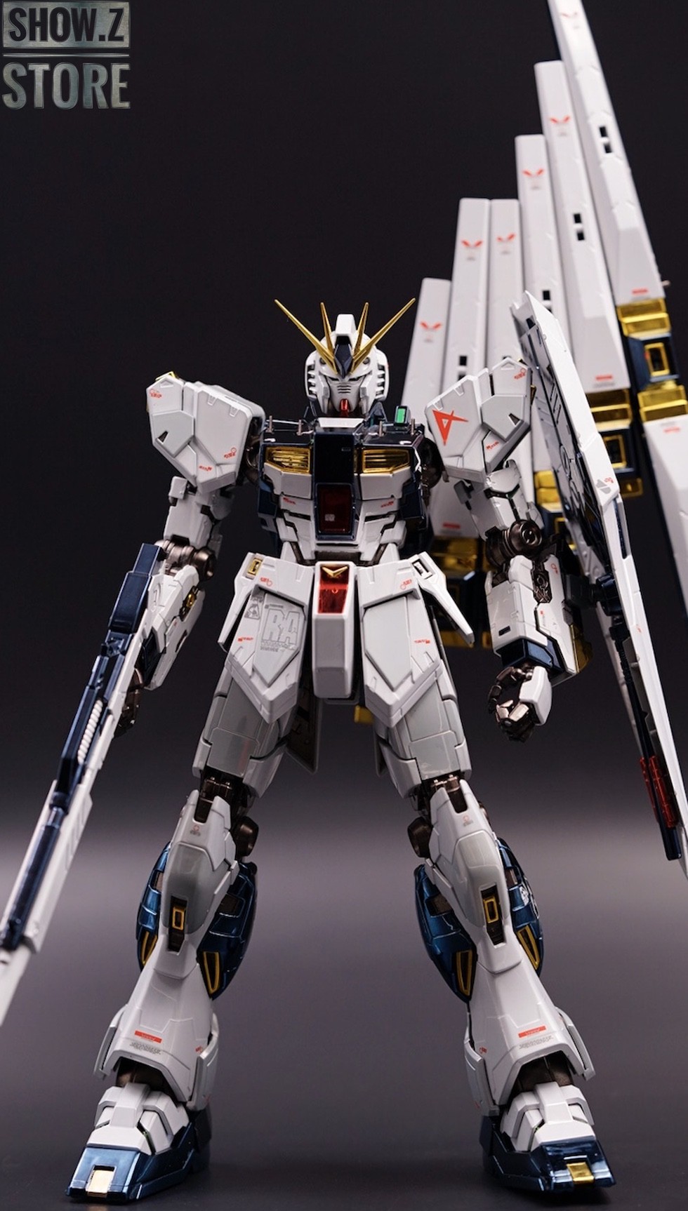 White mobile suit Nu Gundam with large beam rifle and full armor White mobile suit Nu Gundam with large beam rifle and full armor