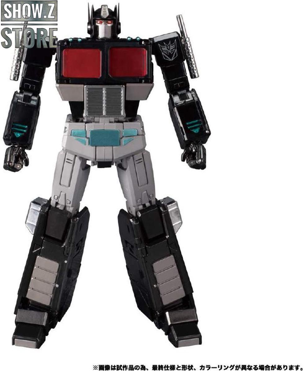 Black and gray Transformer robot with red chest armor and weapons Black and gray Transformer robot with red chest armor and weapons