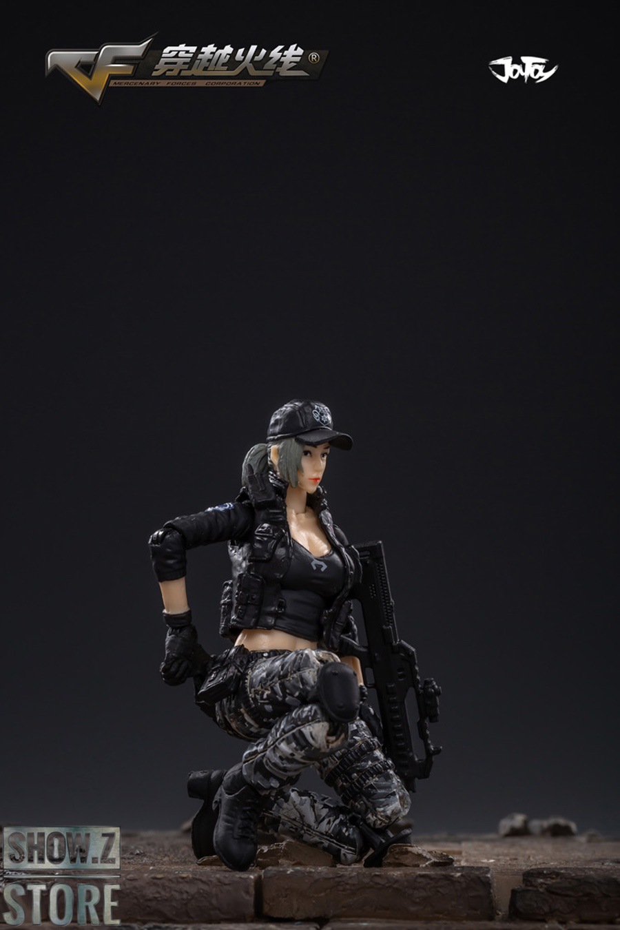 Dynamic firing pose showing weapon details and tactical configuration Dynamic firing pose showing weapon details and tactical configuration