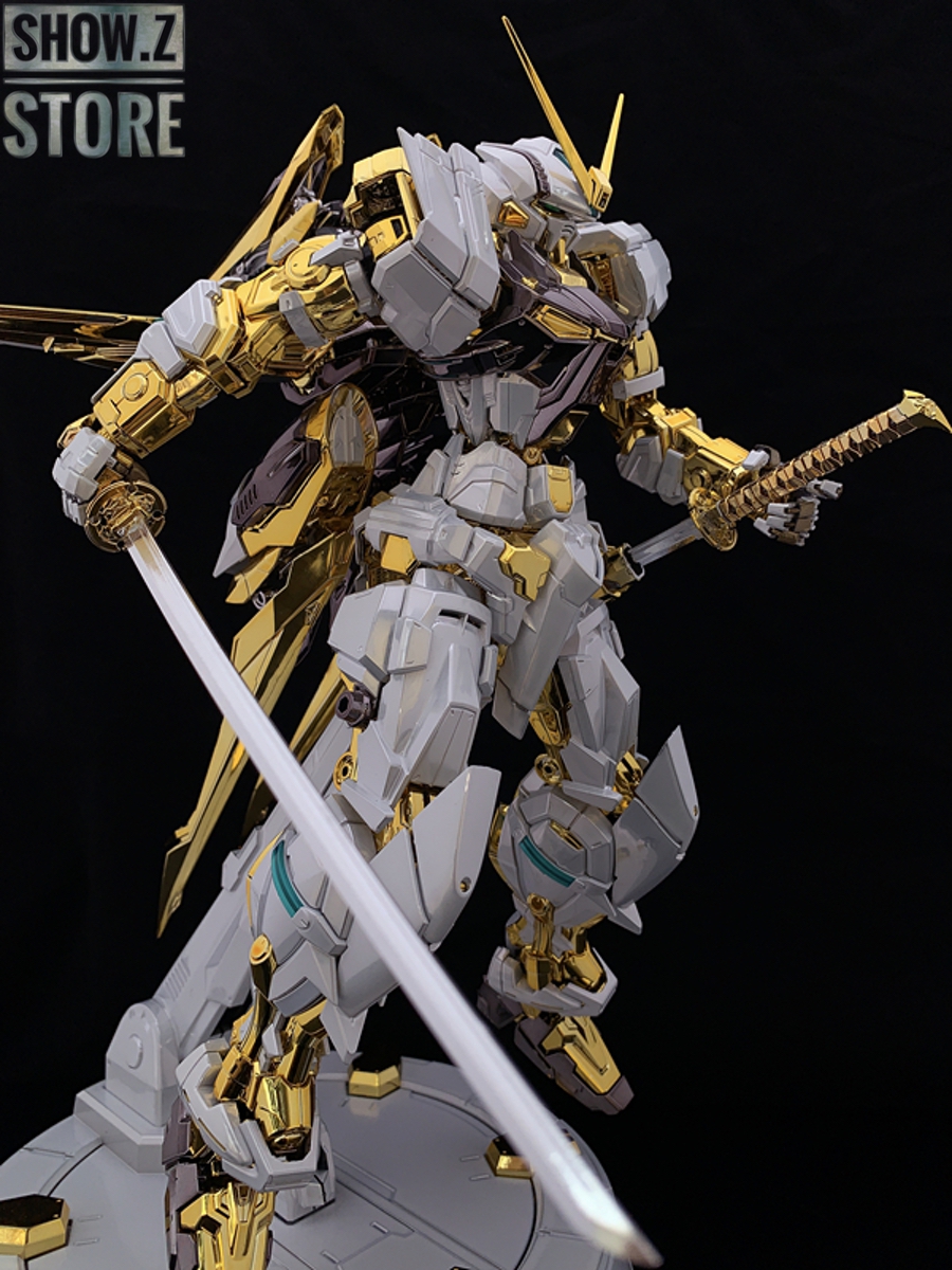 Gundam Astray Gold Frame custom figure in dynamic combat stance with weapons Gundam Astray Gold Frame custom figure in dynamic combat stance with weapons
