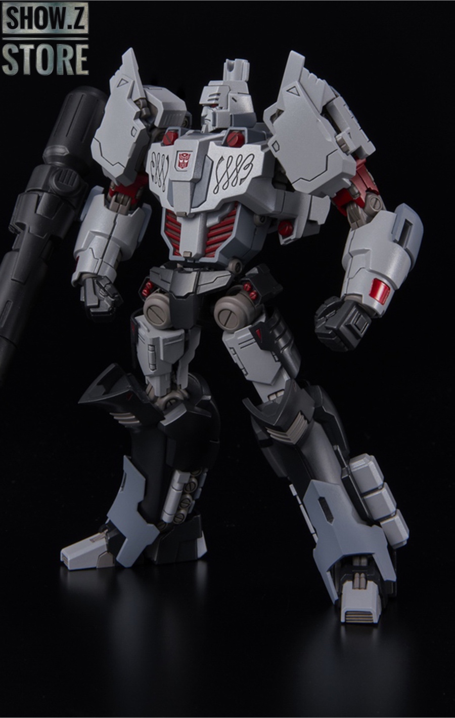 Gray orange and black robot with weapon showing various articulation angles Gray orange and black robot with weapon showing various articulation angles