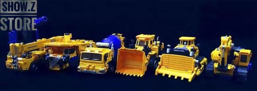 Complete Daban 9914 Devastator robot set with six yellow and blue construction vehicles lined up Complete Daban 9914 Devastator robot set with six yellow and blue construction vehicles lined up