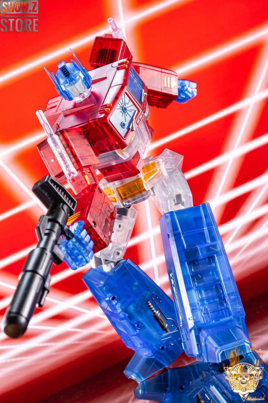 Red blue robot with glowing effect background on stage Red blue robot with glowing effect background on stage