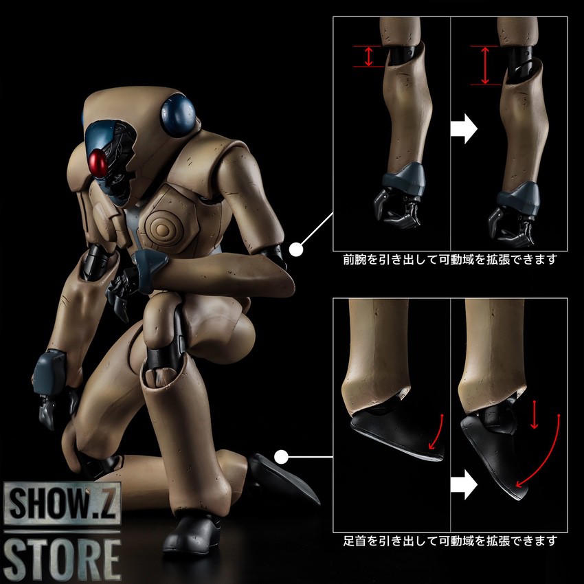 Tan robot with black accents in dynamic fighting stance Tan robot with black accents in dynamic fighting stance
