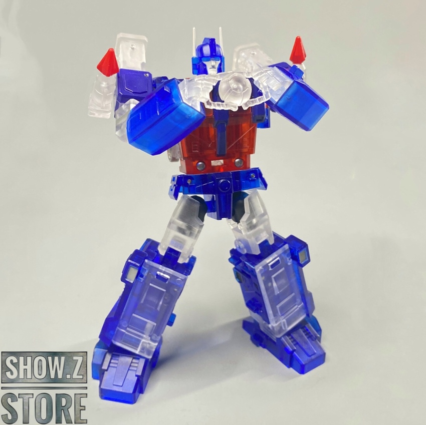 Blue and white robot with transparent chest panel Blue and white robot with transparent chest panel