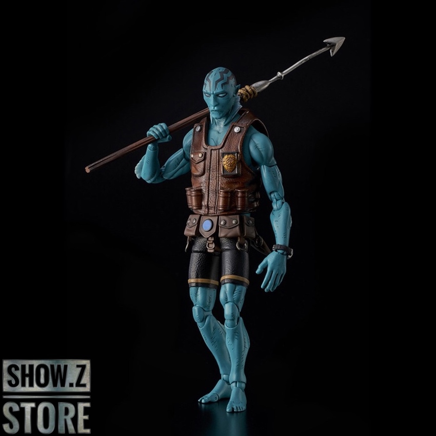 Blue Abe Sapien character figure with spear and brown leather gear Blue Abe Sapien character figure with spear and brown leather gear