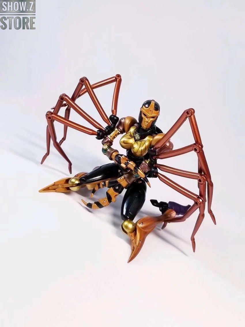 Brown gold spider robot in dynamic combat pose with extended leg limbs Brown gold spider robot in dynamic combat pose with extended leg limbs