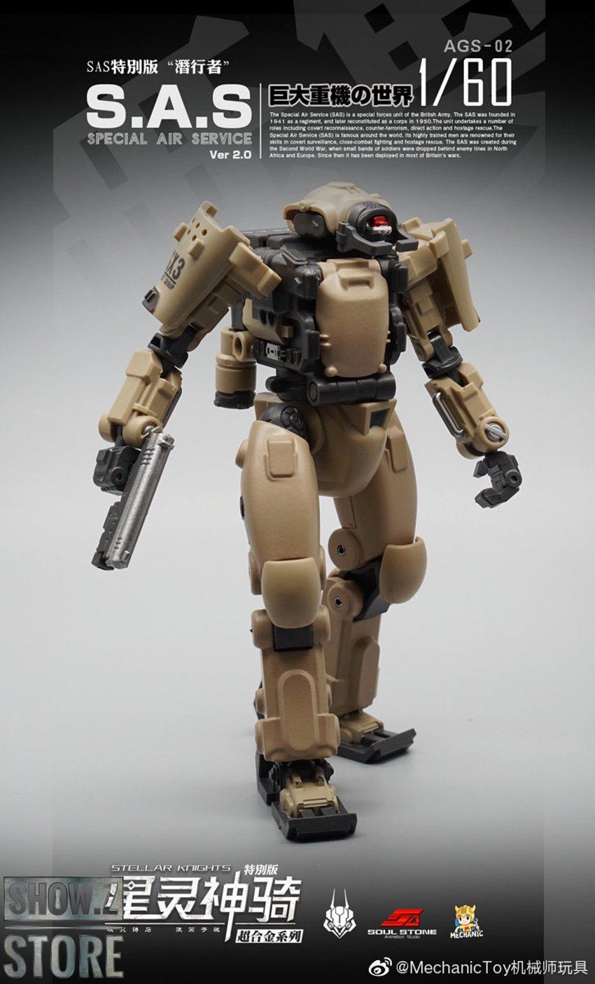 Tan and black AGS-02 robot with dual weapons posed dynamically Tan and black AGS-02 robot with dual weapons posed dynamically