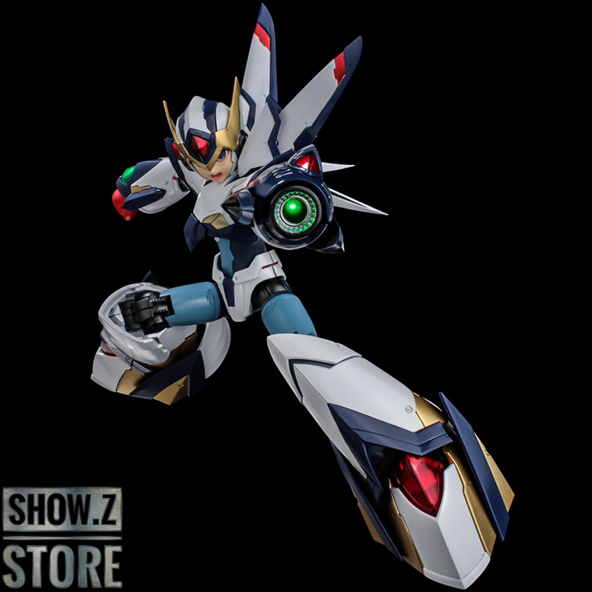 Blue black and yellow Mega Man X robot in combat stance Blue black and yellow Mega Man X robot in combat stance