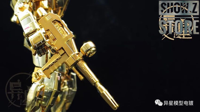 Custom Gundam standing pose with signature yellow accents Custom Gundam standing pose with signature yellow accents