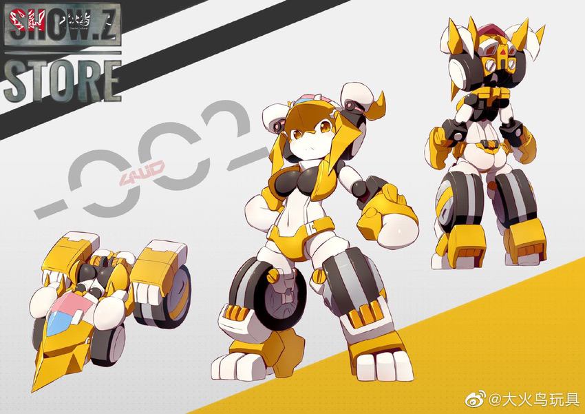 XX-02 girl robot character with transformation gear and yellow accents XX-02 girl robot character with transformation gear and yellow accents