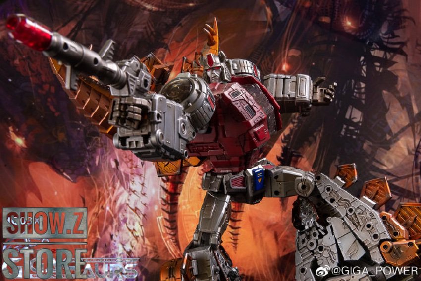 Large red and silver robot with orange spikes in dynamic warrior pose Large red and silver robot with orange spikes in dynamic warrior pose