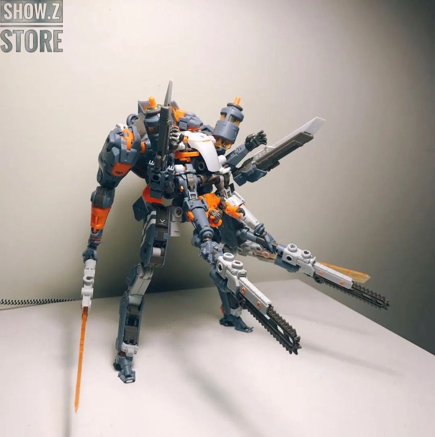 Orange white robot in dynamic standing pose with large black sword weapon Orange white robot in dynamic standing pose with large black sword weapon