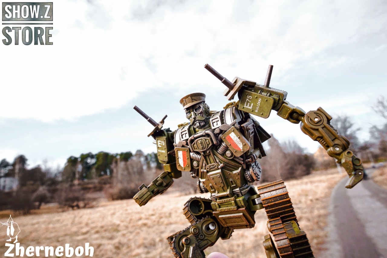 Toyworld Last Knight Bulldog tan desert-themed robot figure outdoor pose Toyworld Last Knight Bulldog tan desert-themed robot figure outdoor pose