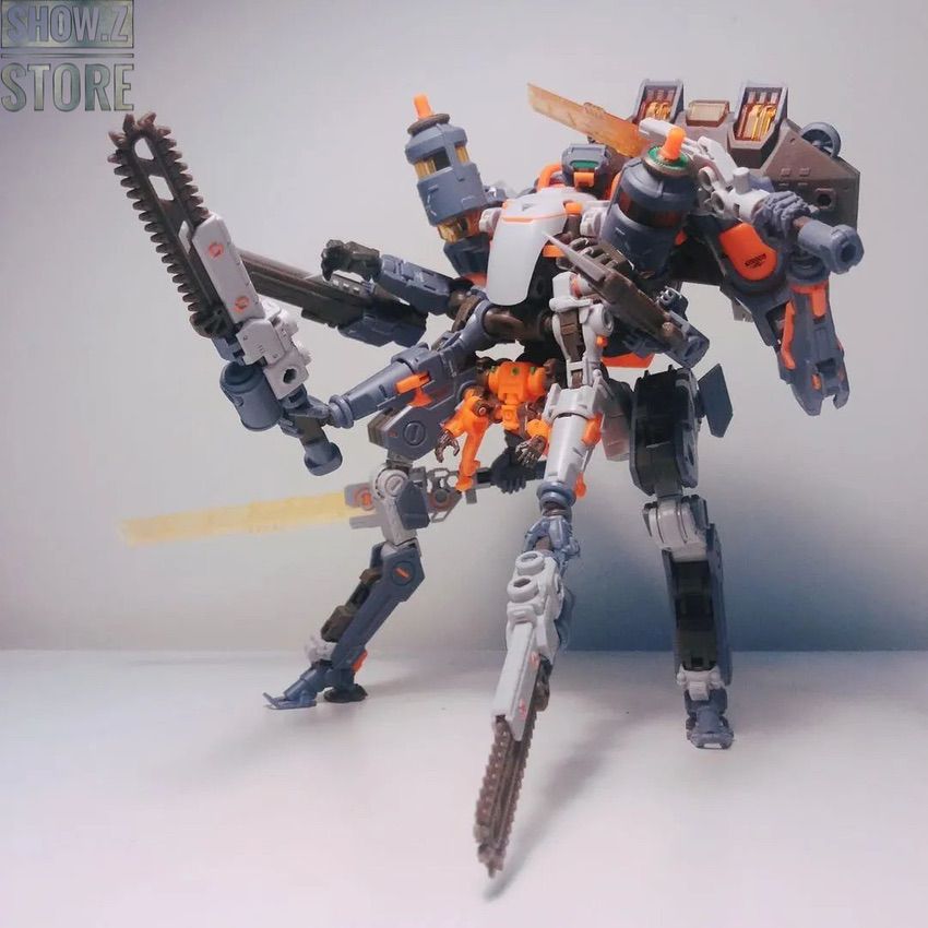 Orange and gray robot figure photographed in action display position Orange and gray robot figure photographed in action display position