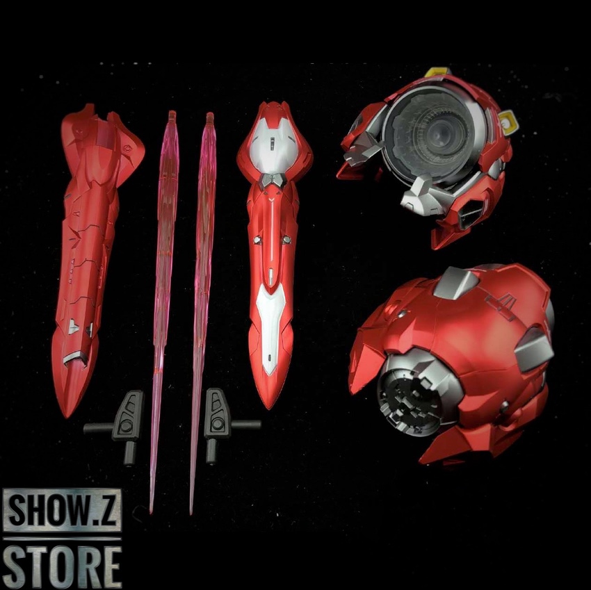 Red gundam suit with multiple pink beam sabers deployed Red gundam suit with multiple pink beam sabers deployed