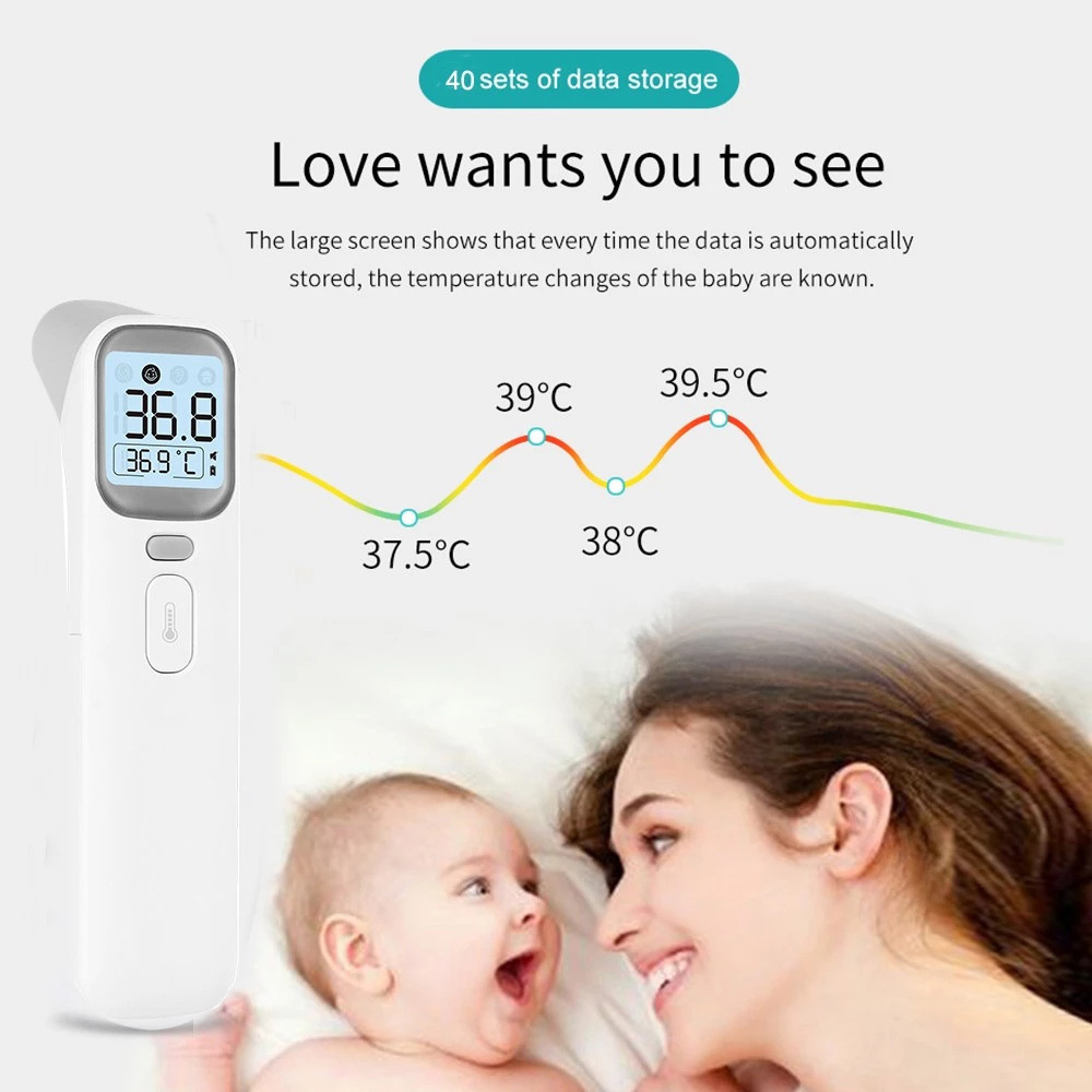 FDA approved thermometer with family showing temperature data storage FDA approved thermometer with family showing temperature data storage