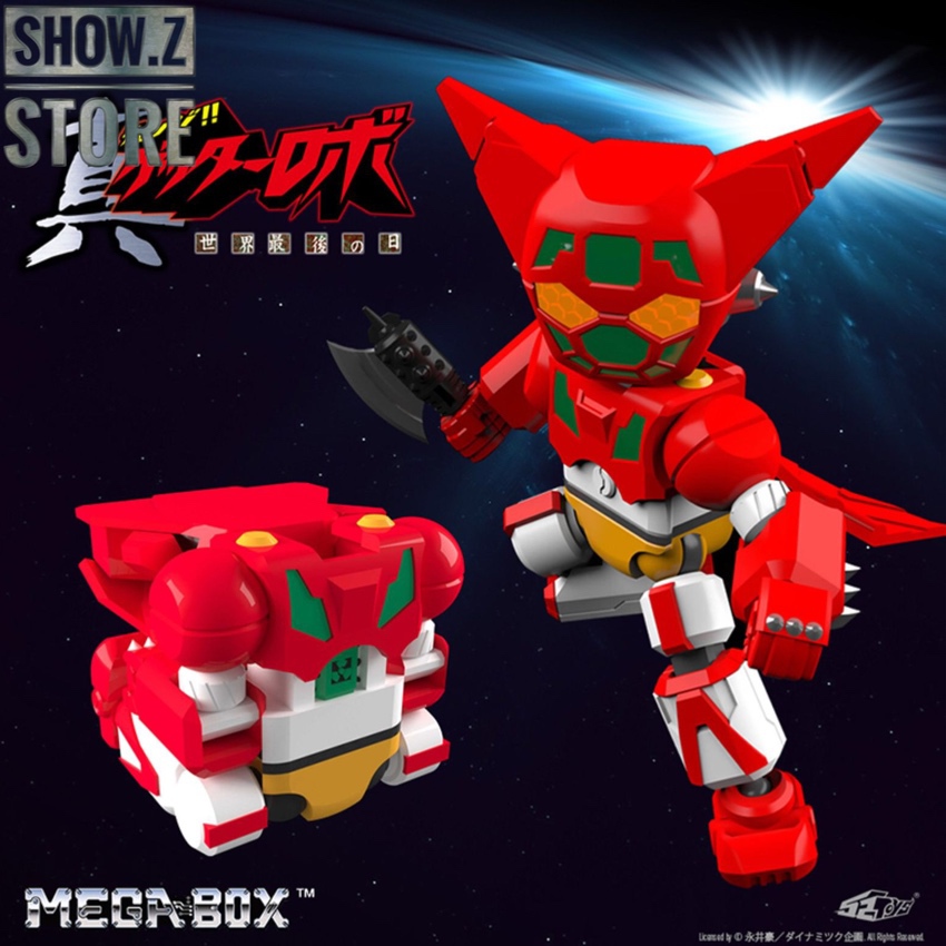 Getter robot red white orange dynamic pose with extended weapons Getter robot red white orange dynamic pose with extended weapons