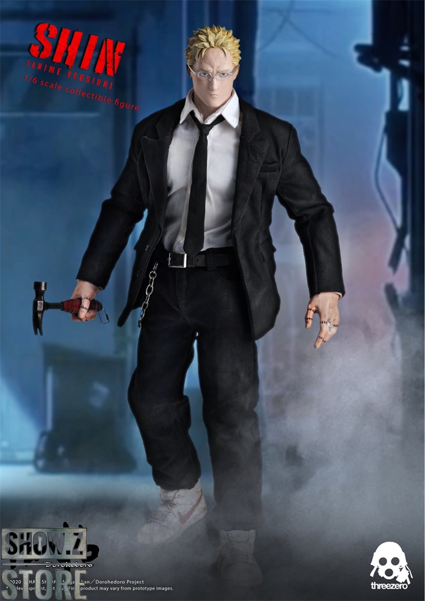 Blonde man black suit dark anime character action pose display Blonde man black suit dark anime character action pose display