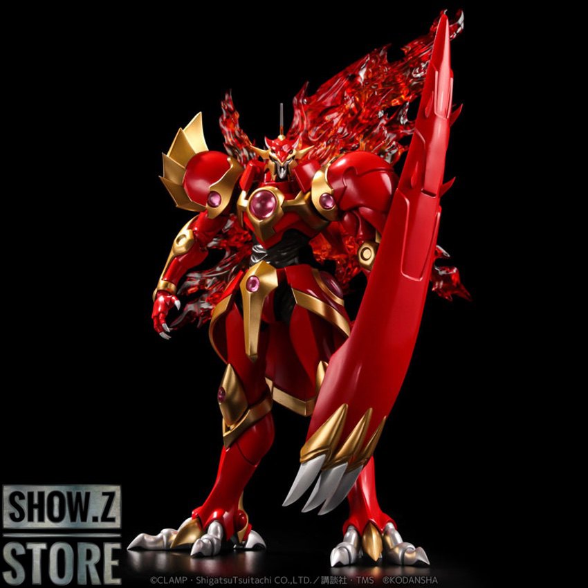 Red and gold Magic Knight Rayearth RIOBOT mecha with flame effects Red and gold Magic Knight Rayearth RIOBOT mecha with flame effects