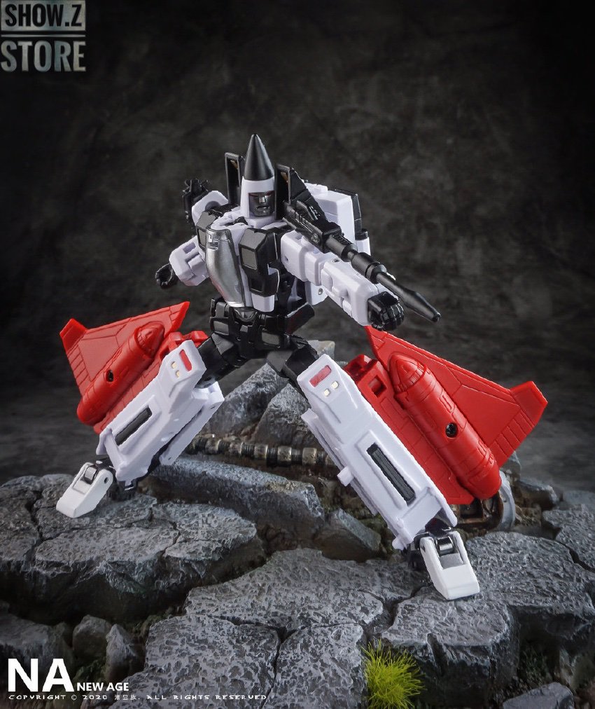 White robot with red accents in compact jet formation White robot with red accents in compact jet formation