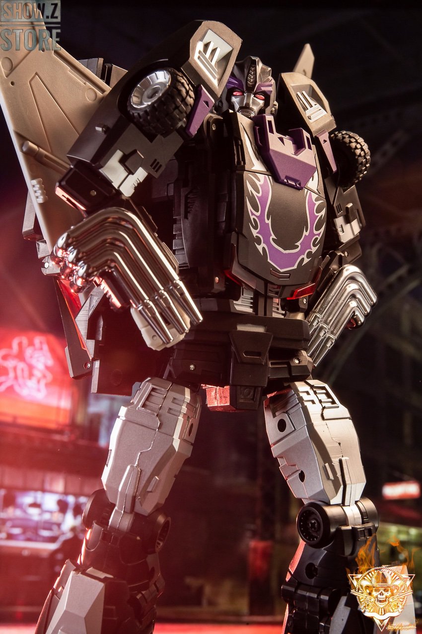 Black and purple G1-style robot in dynamic standing pose with rifle Black and purple G1-style robot in dynamic standing pose with rifle