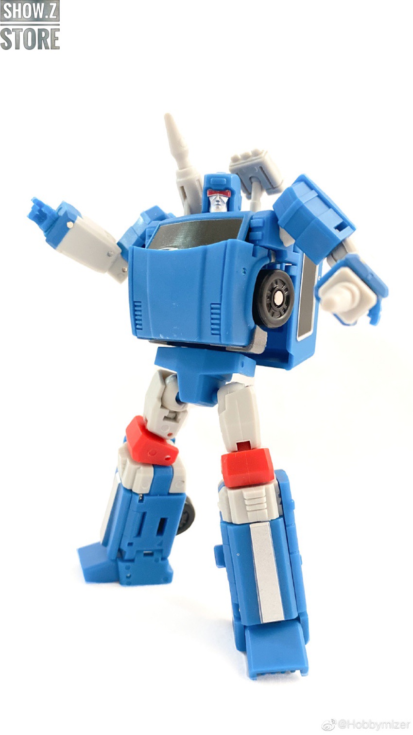 Blue robot in stand mode with white limbs and red details Blue robot in stand mode with white limbs and red details