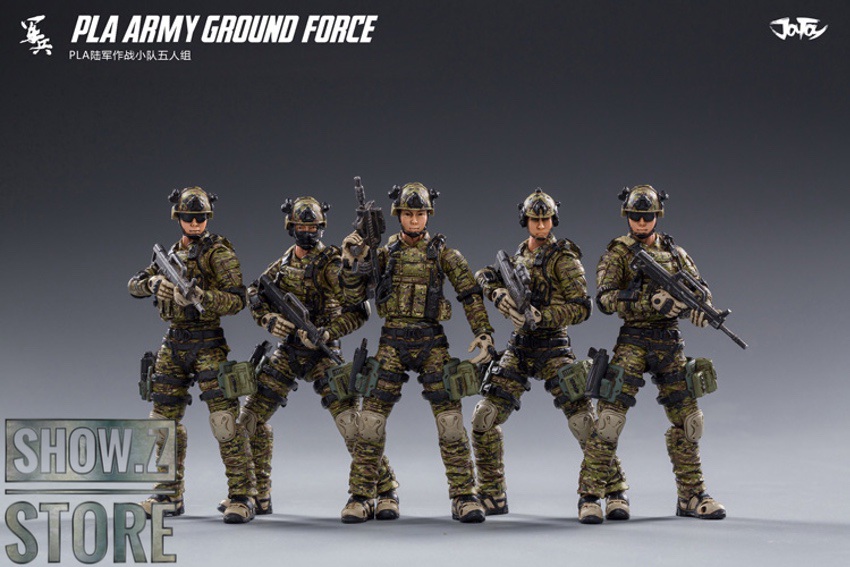 Five articulated military action figures standing in combat positions Five articulated military action figures standing in combat positions