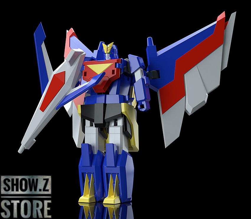 Blue red yellow robot with articulated wing panels deployed Blue red yellow robot with articulated wing panels deployed
