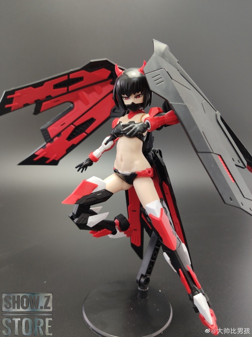 Red winged character wielding oversized scythe elegantly Red winged character wielding oversized scythe elegantly