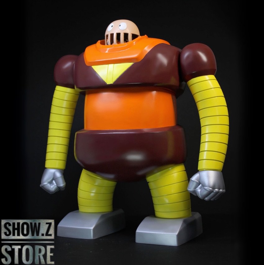 Orange and dark red humanoid robot Boss Borot with yellow striped arms Orange and dark red humanoid robot Boss Borot with yellow striped arms