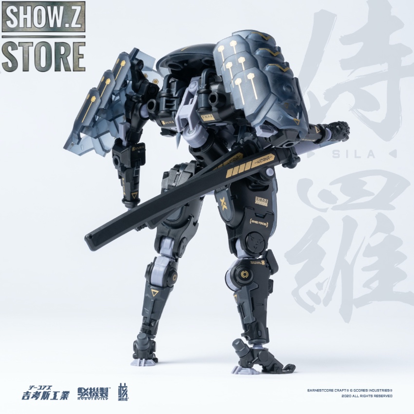 RB-09Kai robot in aggressive combat stance displayed RB-09Kai robot in aggressive combat stance displayed