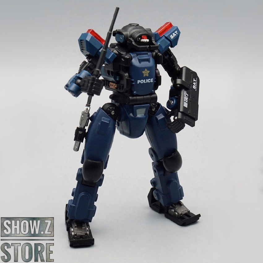 Dark blue police robot warrior with red shoulder armor Dark blue police robot warrior with red shoulder armor