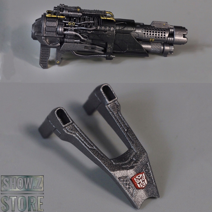 Black tactical ion blaster with metallic gold accents and details Black tactical ion blaster with metallic gold accents and details